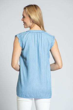 APNY Sleeveless Fray Top. Light Denim tencel sleeveless top with split v front. Banded crew neck with soft gathers. Fringe trim at armhole. Straight hem. Side slits. Relaxed fit._35228985393352