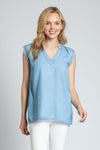 APNY Sleeveless Fray Top.  Light Denim tencel sleeveless top with split v front.  Banded crew neck with soft gathers.  Fringe trim at armhole.  Straight hem.  Side slits.  Relaxed fit._t_35228985426120