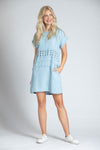 APNY Denim Grommet Dress in Blue.  Tencel denim a line dress.  Crew neck with cap sleeve.  Inset panels at waist and hip.  Grommet detail on waist panel.  In seam pockets.  Fringe trim at neck and sleeves. Side slits.  Relaxed fit._t_35229010788552