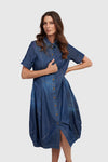 Alembika Denim Cocoon Dress.  Denim dress with full button placket and foldover collar.  3/4 sleeves   Pouf skirt. 2 side pockets.  Slim fit._t_60102108545390