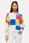 WISPR by Brodie Bianca Crew Sweater.  Bright blocks of glue, orange, pink, lime and white.  Textural knit using different stitches on blocks and outline.  Crew neck, long sleeve sweater with drop shoulder.  Rib trim at neck, hem and cuff.  Relaxed fit.  Shorter length._t_35061401780424