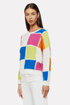 WISPR by Brodie Bianca Crew Sweater. Bright blocks of glue, orange, pink, lime and white. Textural knit using different stitches on blocks and outline. Crew neck, long sleeve sweater with drop shoulder. Rib trim at neck, hem and cuff. Relaxed fit. Shorter length._t_35061401878728
