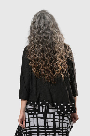 Alembika Dots Crinkle Top in Black. Scoop neck top with 3/4 sleeve. Crinkled knit with woven black and white dot double layer insert at hem. Relaxed fit._34211554263240