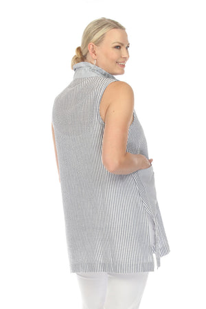 Terra Sleeveless Seersucker Vest in Navy with White stripes. Vertical stripe body. Wire collar button down sleeveless top with navy buttons and navy grosgrain detail on front. Single front horizontal stripe patch pocket. Deep side slits. Relaxed fit._35043837804744