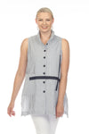 Terra Sleeveless Seersucker Vest in Navy with White stripes.  Vertical stripe body.  Wire collar button down sleeveless top with navy buttons and navy grosgrain detail on front.  Single front horizontal stripe patch pocket.  Deep side slits.  Relaxed fit._t_35043837903048