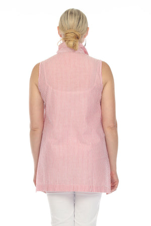 Terra Sleeveless Seersucker Vest in Red with White stripes. Vertical stripe body. Wire collar button down sleeveless top with red buttons and red grosgrain detail on front. Single front horizontal stripe patch pocket. Deep side slits. Relaxed fit._35043838001352