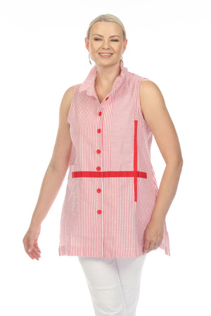 Terra Sleeveless Seersucker Vest in Red with White stripes. Vertical stripe body. Wire collar button down sleeveless top with red buttons and red grosgrain detail on front. Single front horizontal stripe patch pocket. Deep side slits. Relaxed fit._35043837870280
