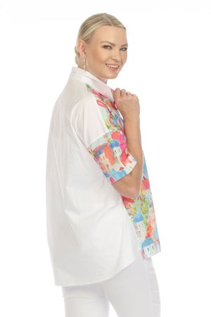 Terra Greek Print Blouse. White blouse with split front - half solid white; half print. Short sleeves. 1 print sleeve, 1 solid. Front print pocket. Straight hem in front; curved in back. Relaxed fit._34851854352584