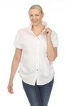 Terra Toggle Short Sleeve Blouse in White.  Convertible collar button down blouse with short sleeves.  Cinchable elastic sleeve hem with toggle detail.  Adjustable side ruching with toggle.  Curved hem. Relaxed fit._t_35044896538824