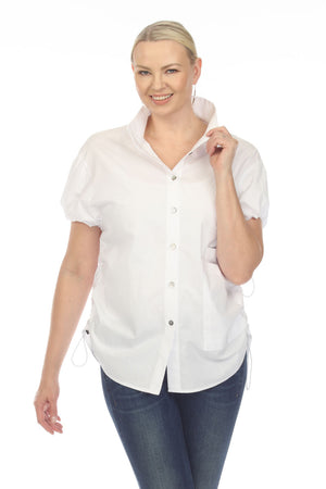 Terra Toggle Short Sleeve Blouse in White.  Convertible collar button down blouse with short sleeves.  Cinchable elastic sleeve hem with toggle detail.  Adjustable side ruching with toggle.  Curved hem. Relaxed fit._35044896538824