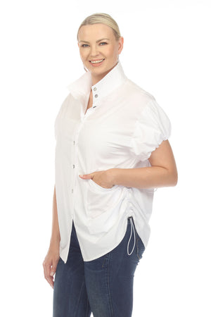 Terra Toggle Short Sleeve Blouse in White. Convertible collar button down blouse with short sleeves. Cinchable elastic sleeve hem with toggle detail. Adjustable side ruching with toggle. Curved hem. Relaxed fit._35044896374984