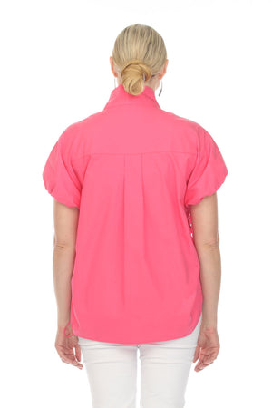 Terra Toggle Short Sleeve Blouse in Rose Pink. Convertible collar button down blouse with short sleeves. Cinchable elastic sleeve hem with toggle detail. Adjustable side ruching with toggle. Curved hem. Relaxed fit._35044896473288
