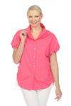 Terra Toggle Short Sleeve Blouse in Rose Pink. Convertible collar button down blouse with short sleeves. Cinchable elastic sleeve hem with toggle detail. Adjustable side ruching with toggle. Curved hem. Relaxed fit._t_35044896440520