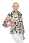 Terra Wire Collar Abstract Blouse. Pink lime and black abstract print. Adjustable wire collar button down with 3/4 sleeve with split cuff. 2 front patch pockets. Side slits. High low hem. Relaxed fit._t_34855907229896