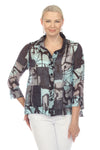 Terra Wire Collar Abstract Blouse. Light blue tan and and black abstract print. Adjustable wire collar button down with 3/4 sleeve with split cuff. 2 front patch pockets. Side slits. High low hem. Relaxed fit._t_34855907295432
