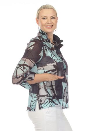 Terra Wire Collar Abstract Blouse. Light blue tan and and black abstract print. Adjustable wire collar button down with 3/4 sleeve with split cuff. 2 front patch pockets. Side slits. High low hem. Relaxed fit._34855907426504