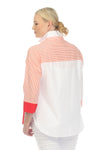 Terra Color Block Stripe Blouse in Orange. Color block stripes, and solids mixed with white panels. Convertible collar button down with 3/4 sleeve. 1 solid cuff and 1 striped cuff. Back striped yoke. Shirt tail high low hem. Relaxed fit._t_35167396626632