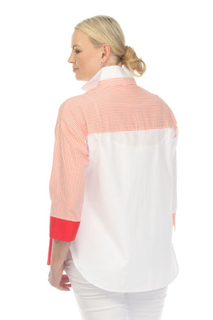 Terra Color Block Stripe Blouse in Orange. Color block stripes, and solids mixed with white panels. Convertible collar button down with 3/4 sleeve. 1 solid cuff and 1 striped cuff. Back striped yoke. Shirt tail high low hem. Relaxed fit._35167396626632