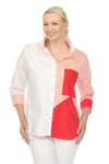 Terra Color Block Stripe Blouse in Orange.  Color block stripes, and solids mixed with white panels.  Convertible collar button down with 3/4 sleeve.  1 solid cuff and 1 striped cuff.  Back striped yoke. Shirt tail high low hem.  Relaxed fit._t_35167396528328