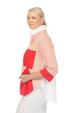 Terra Color Block Stripe Blouse in Orange. Color block stripes, and solids mixed with white panels. Convertible collar button down with 3/4 sleeve. 1 solid cuff and 1 striped cuff. Back striped yoke. Shirt tail high low hem. Relaxed fit._35167396593864