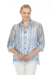Terra Wire Collar Double Pocket Blouse in Blue.  Vertical stripes on a translucent tencel/nylon blend.  3/4 sleeve with split cuff.  2 front patch pockets.  Side slits.  High low hem.  Relaxed fit._t_60025500238190