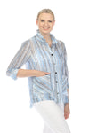 Terra Wire Collar Double Pocket Blouse in Blue.  Vertical stripes on a translucent tencel/nylon blend.  3/4 sleeve with split cuff.  2 front patch pockets.  Side slits.  High low hem.  Relaxed fit._t_60025500205422