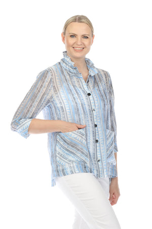 Terra Wire Collar Double Pocket Blouse in Blue.  Vertical stripes on a translucent tencel/nylon blend.  3/4 sleeve with split cuff.  2 front patch pockets.  Side slits.  High low hem.  Relaxed fit._60025500205422