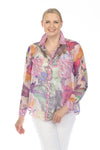 Terra Mosaic Floral Blouse in Pink.  Floral print with contrasting print at collar, cuff, placket and pockets.  Bracelet sleeve with button cuff.  2 front patch pockets at breast.  Shirt tail hem.  Relaxed fit._t_60025801310574