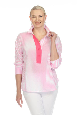 Terra Stripe Popover Top in Pink & White stripes.  Vertical stripe top with pointed convertible collar and notched v neck.  Solid 3 button placket, striped on the other side.  3/4 sleeve with button cuff.  Solid tab at back neck.  In seam pockets. Shirt tail hem.  Relaxed fit._35167432081608
