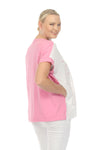 Terra Stitch Design Top in White/Pink. White front and pink back. Crew neck dolman short sleeve top . Pink hand stitch and button detail. Wrapped seams from back to front. Inseam pockets. Side slits. Relaxed fit._t_35167329288392