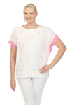 Terra Stitch Design Top in White/Pink.  White front and pink back.  Crew neck dolman short sleeve top .  Pink hand stitch and button detail.  Wrapped seams from back to front.  Inseam pockets.  Side slits.  Relaxed fit._t_35167329190088