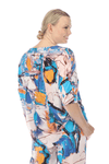 Terra Abstract Art Top.  Blue and orange abstract watercolor print on a beige background. Crew neck dolman 3/4 sleeve top.  Cinchable draw string on left and inseam pouch pocket on the right.  Relaxed fit._t_59696198091118