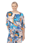 Terra Abstract Art Top.  Blue and orange abstract watercolor print on a beige background. Crew neck dolman 3/4 sleeve top.  Cinchable draw string on left and inseam pouch pocket on the right.  Relaxed fit._t_59696198123886