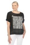 Terra Leaf & Bow Top in Black.  Black and white square front graphic in stylized geometric pattern.  Crew neck and dolman short sleeves with sewn cuff.  Plain back.  High low hem.  Side slits.  Relaxed fit._t_60026117030254