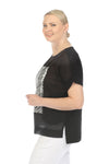 Terra Leaf & Bow Top in Black.  Black and white square front graphic in stylized geometric pattern.  Crew neck and dolman short sleeves with sewn cuff.  Plain back.  High low hem.  Side slits.  Relaxed fit._t_60026117063022