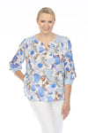 Terra V neck Floral Top in Blue.  Abstract floral print in blue multi on a cream background.  Crew neck with notched v in front.  Blue and white panels at shoulder and back yoke.  3/4 sleeve with striped button cuff.  Side seam pockets.  Relaxed fit._t_60026466664814