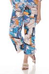 Terra Abstract Art Ankle Pant.  Shades of blue and orange abstract watercolor print.  Elastic waistband pull on pant with front slash pockets.  Straight leg with cinch ties at outside lower leg.  Side slits. Inseam: 26 1/2"_t_59705873924462