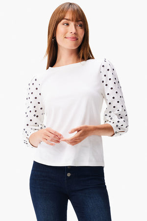 NIC+ZOE Eyelet Breeze Top in White.  Boatneck top with elbow length eyelet embroidered sleeve.  Classic fit.  _34829810696392