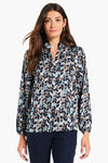 NIC+ZOE Herringbone Blues Top.  Retro vintage herringbone inspired print in shades of blues and tan.  Stand collar with split v placket.  Slightly puffed sleeve with elastic cuff.  Straight hem. Relaxed fit._t_34631288324296
