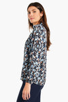 NIC+ZOE Herringbone Blues Top. Retro vintage herringbone inspired print in shades of blues and tan. Stand collar with split v placket. Slightly puffed sleeve with elastic cuff. Straight hem. Relaxed fit._t_34631288357064