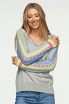 Zaket & Plover Jacquard Sleeve Sweater in Marled Gray.  V neck sweater with long sleeves. Color block stripe and block print on center sleeve.  Striped trim at neck and cuff.  Ribbed at neck, cuff and hem.  Side slits.  Relaxed fit._t_34536815821000