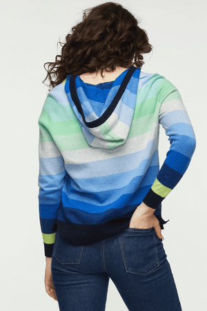 Zaket & Plover Birdseye Stripe Hoodie in Blues. Striped sweater in shades of blue and green in a variety of stripe stitching. V neck sweater with attached drawstring hood and solid trim around hood and neckline. Long sleeves. Ribbed trim at hem and cuff. High low hem. Slightly relaxed shape._34394332823752