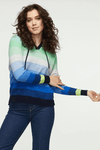 Zaket & Plover Birdseye Stripe Hoodie in Blues.   Striped sweater in shades of blue and green in a variety of stripe stitching.  V neck sweater with attached drawstring hood and solid trim around hood and neckline.  Long sleeves.  Ribbed trim at hem and cuff.  High low hem.  Slightly relaxed shape._t_34394332889288