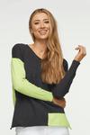 Zaket & Plover Two Tone Sweater.  V neck drop shoulder sweater.  Color blocked in bright yellow front to back.  Single yellow sleeve.  Yellow inset at left hem.  Side slits.  Rib trim at cuff and back hem.  Rolled edge at neckline and front hem.  Relaxed fit._t_34536885485768