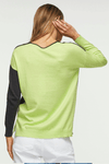 Zaket & Plover Two Tone Sweater. V neck drop shoulder sweater. Color blocked in bright yellow front to back. Single yellow sleeve. Yellow inset at left hem. Side slits. Rib trim at cuff and back hem. Rolled edge at neckline and front hem. Relaxed fit._t_34536885616840