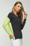 Zaket & Plover Two Tone Sweater. V neck drop shoulder sweater. Color blocked in bright yellow front to back. Single yellow sleeve. Yellow inset at left hem. Side slits. Rib trim at cuff and back hem. Rolled edge at neckline and front hem. Relaxed fit._t_34536885584072