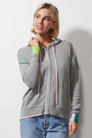 Zip up contrast color drawstring hoodie cheap