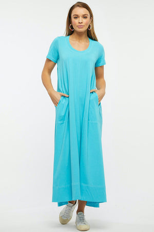 Zaket & Plover T Shirt Dress in Aqua.  Scoop neck short sleeve a line dress with white overstitching detail.  Maxi length. Relaxed fit._34998112125128