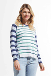 Zaket & Plover Raglan Stripe Sweater in Denim.  Narrow green and denim stripe on white in front.  Back and sleeves in broad denim and light blue stripes.  Crew neck with side wrapped seams to front with slit at hem.  Long raglan sleeves.  Rib trim at neck, hem and cuff.  Relaxed fit._t_59963090534766