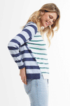 Zaket & Plover Raglan Stripe Sweater in Denim.  Narrow green and denim stripe on white in front.  Back and sleeves in broad denim and light blue stripes.  Crew neck with side wrapped seams to front with slit at hem.  Long raglan sleeves.  Rib trim at neck, hem and cuff.  Relaxed fit._t_59963090600302